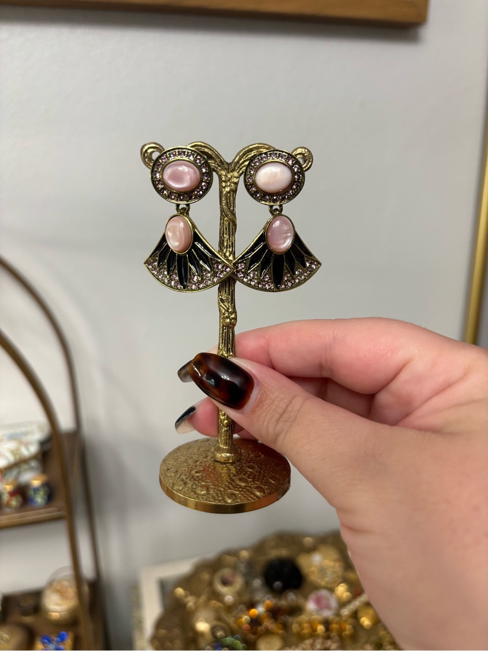 Vintage Heidi Daus Goddess of Glamour Gold, Black & Pink Fan Drop Earrings